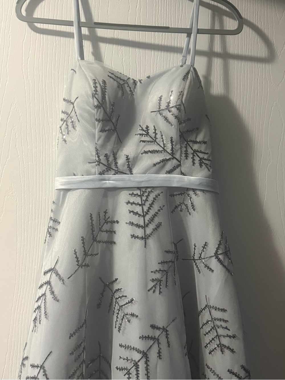 Baby blue Spaghetti-Strap Party Dress with Silver Leaf Embroidery